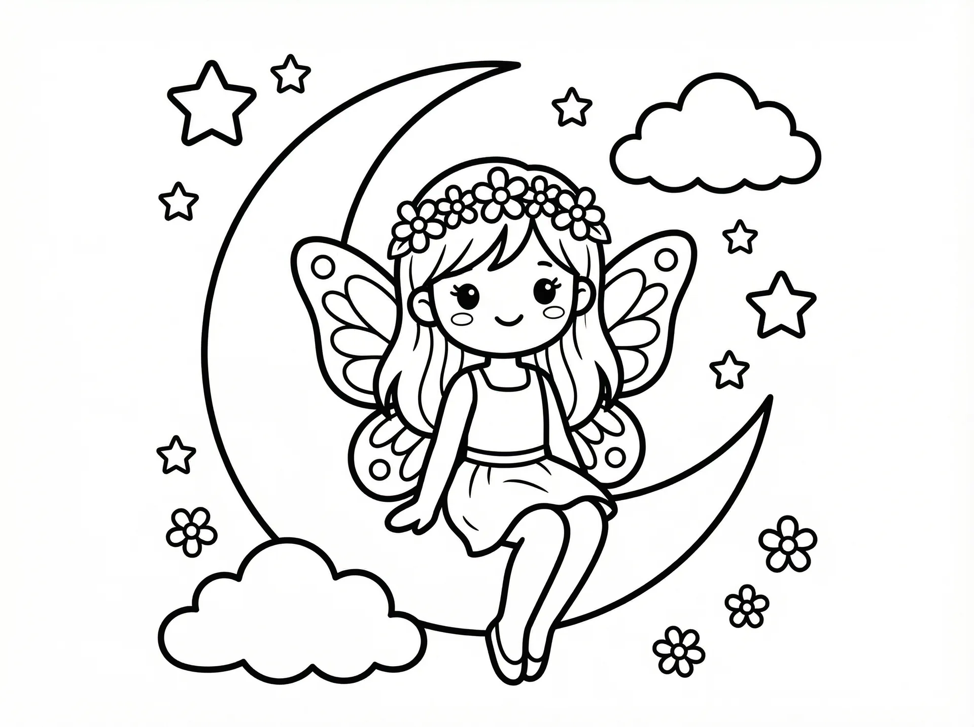 萝莉岛 - 月亮上的蝴蝶翅膀精灵涂色线稿